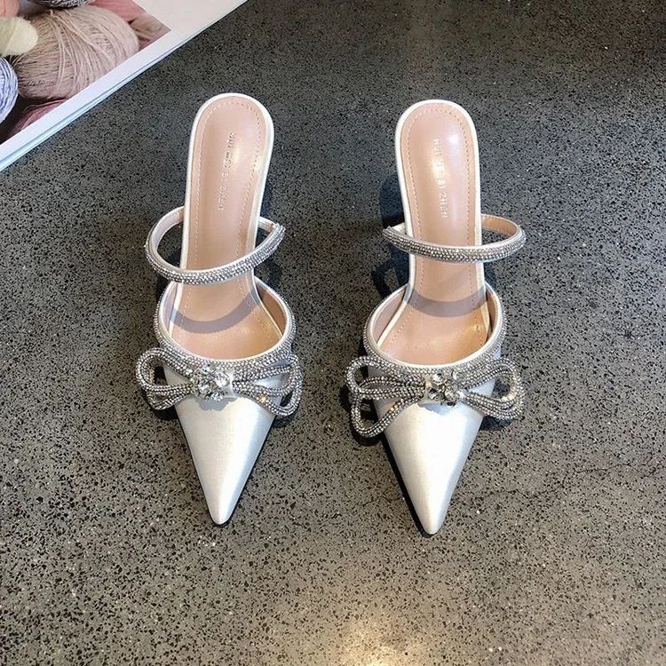 Imitation Sandals and Butterfly Knot for Women, High Heels, Narrow Slippers, Party Bombs, Luxury Wedding Shoes, Summer Fashion