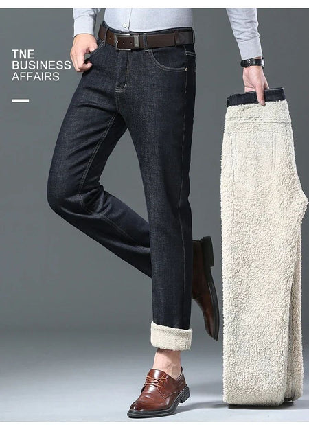 Men's Wool Velvet Jeans Winter Fleece Thickened Business Casual Straight Denim Pants Soft Cozy Thermal Stretch Trousers Male