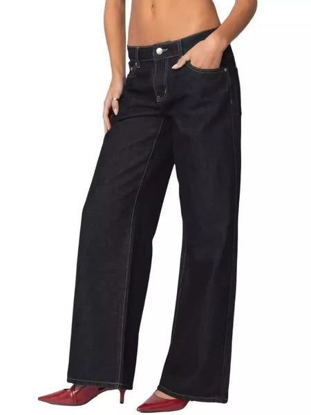 Fashionable Russian Women's Jeans High Waist Wide Leg Floor-Length Old Fashion Decorative Long Version of Women's Jeans