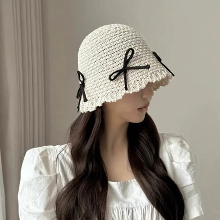 Korean Ins Bow Spring and Summer Fashion Sweet Bucket Hat Outdoor Sunshade Knitted Solid Color Straw Breathable Women Sun Hats