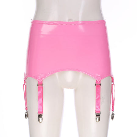 Womens Garters Latex Skirts Ladies Suspender Belt Wet Look Patent Leather Mini Skirts Garters with Metal Clips Clubwear Costume