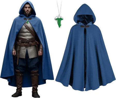 Cloak with Hood Men?Medieval Costume Men Round Metal Buckle Cloak with Green Leaf Brooch Necklace for Halloween
