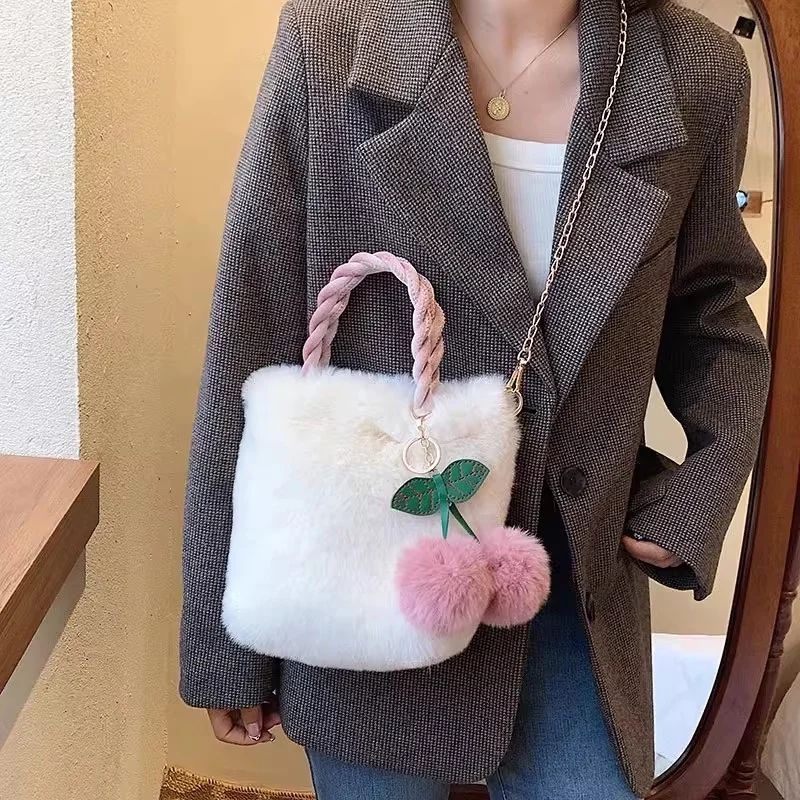 Faux Fur Crossbody Bags for Women Plush Small Purses and Handbag with Pompom Cherry Fluffy String Shoulder Bag Girl Clutch Purse