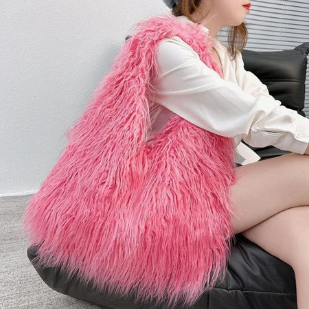 2025 NEW Wool Women's Plush Shoulder Bags Y2k Hot Girls Faux Fur Drawstring Bucket Bag Fashion Female Furry Purse Tote Handbags