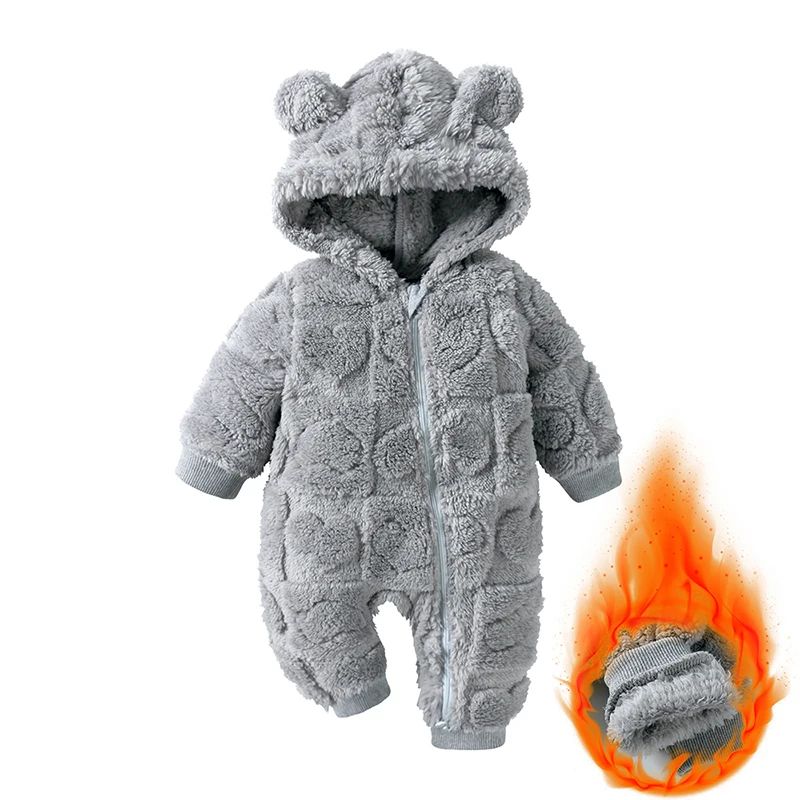 Cartoon Baby Clothes Boy Romper Long Sleeve Arctic Velvet Hooded Baby Girl Romper Winter Warm  Newborn Clothes 0-18 Months