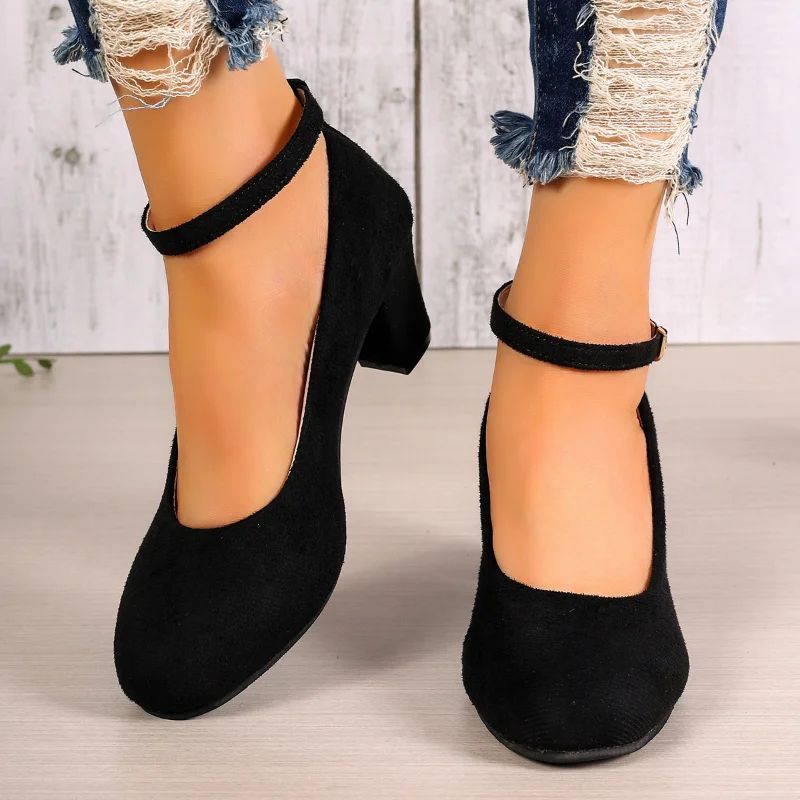 Autumn New Thick Heels Women's Black One-line Buckle Shallow Mouth Woman Single Pumps Suede Large Size Work Shoes