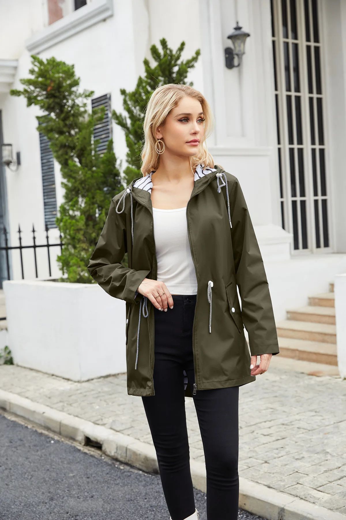 Blue Waterproof Hooded Jacket Women Fashion Casual Coat Waist Drawstring Tie Zipper Switch Red Green Yellow Black Windbreaker
