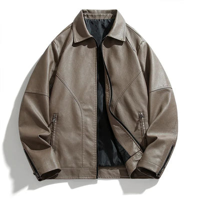 Men Coat Zipper Solid Jackets Long Sleeve Cardigan Leather Outerwear Loose Pockets High Street 2025 Spliced Faux Leather