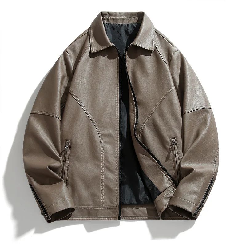 Men Coat Zipper Solid Jackets Long Sleeve Cardigan Leather Outerwear Loose Pockets High Street 2025 Spliced Faux Leather