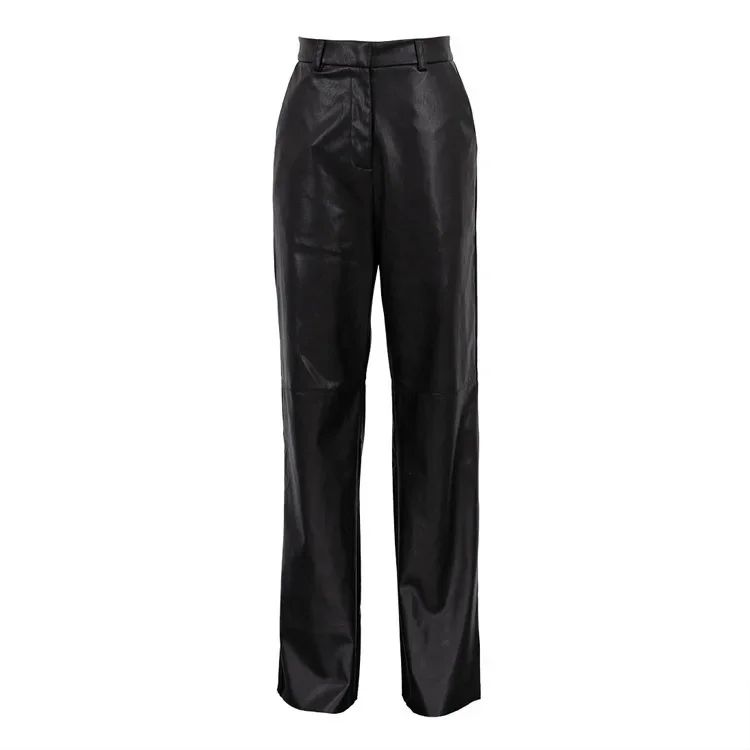 Women's Trousers Spring Fashion PU Leather Mid High Waist Lifting Hip Straight Leg Casual Women's Pants