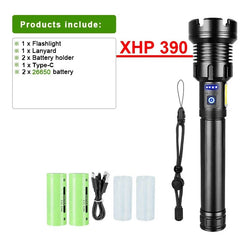 High Power Led Flashlight XHP390 High Lumen 10000000 Rechargeable Most Strong Light Lamp Tactical Lantern Camping Outdoor Torch