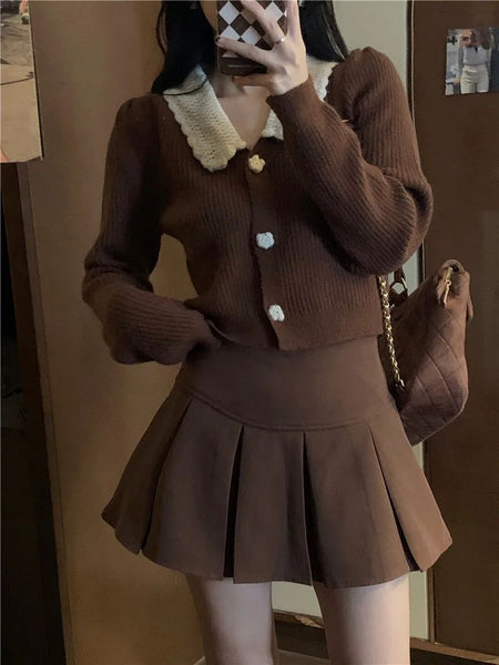 Vintage Brown Pleated Skirt Women Spring Summer Korean Style Y2K High Waisted A-line Mini Skirts Preppy Style Girls Causal