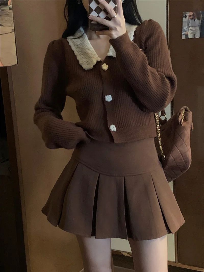 Vintage Brown Pleated Skirt Women Spring Summer Korean Style Y2K High Waisted A-line Mini Skirts Preppy Style Girls Causal