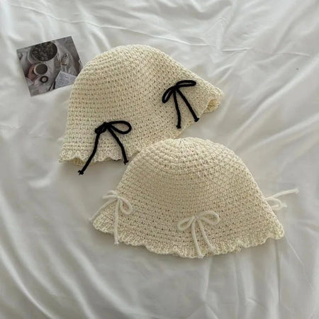 Korean Ins Bow Spring and Summer Fashion Sweet Bucket Hat Outdoor Sunshade Knitted Solid Color Straw Breathable Women Sun Hats