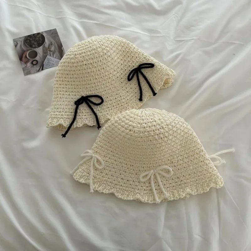 Korean Ins Bow Spring and Summer Fashion Sweet Bucket Hat Outdoor Sunshade Knitted Solid Color Straw Breathable Women Sun Hats