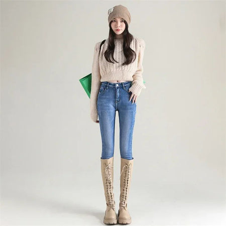 Winter Lady Thermal Plush Jeans Snow Warm Stretch Jeans Hot Sale High Waist Fleece Pants Female Straight Leg Denim Trousers