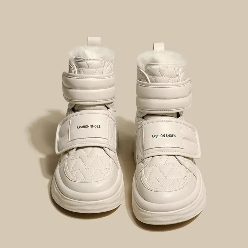 Fur White Boots Women Padded Cotton Shoes Winter Warm Pu Leather Snow Boots Footwear Thick Bottom Plush Short Ankle Boots