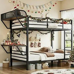 Twin Over Twin Metal Bunk Beds with Power Outlets & Desk, Heavy-Duty Frame with Safety Guardrail & Ladders, U