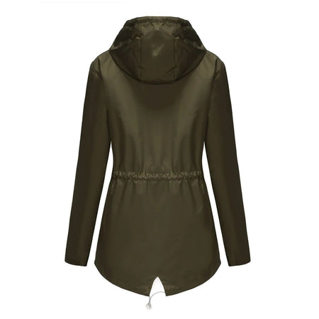 Blue Waterproof Hooded Jacket Women Fashion Casual Coat Waist Drawstring Tie Zipper Switch Red Green Yellow Black Windbreaker