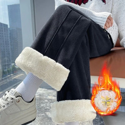 High Waist Warm Trousers Fashion Winter Fleece Thickened Women's Pants Solid Color Loose Elastic Waist Straight Casual Pants
