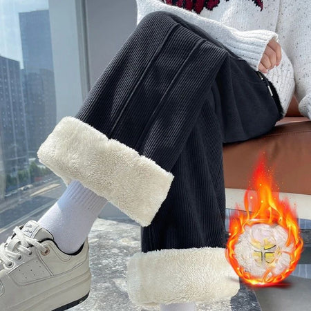 High Waist Warm Trousers Fashion Winter Fleece Thickened Women's Pants Solid Color Loose Elastic Waist Straight Casual Pants