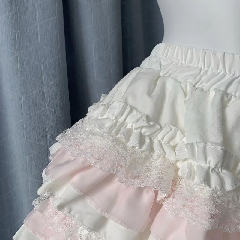 Pink Lace Puffy Skirt Women's Sweet High Waist A- Line Mini Skirt Ballet Style Short Skirt Anti-Light Walking Slimming Effect