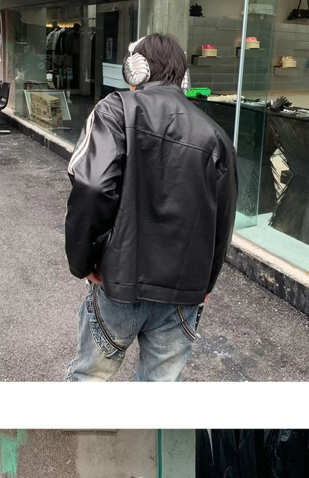 Retro Leather Jacket Men Women  American Patchwork Strip Racing Outerwear Loose Hip Hop Zippers Brown PU Coat Streetwear Spring
