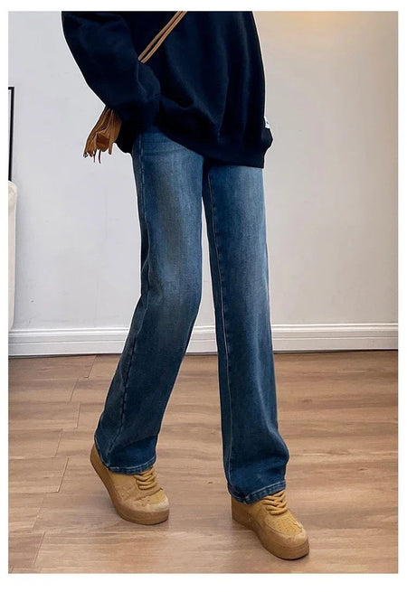Winter Thickened Women's Mink Velvet Jeans Loose Straight Warm Soft Fleece Fashion Elastic High Waist Female Pants Black Blue