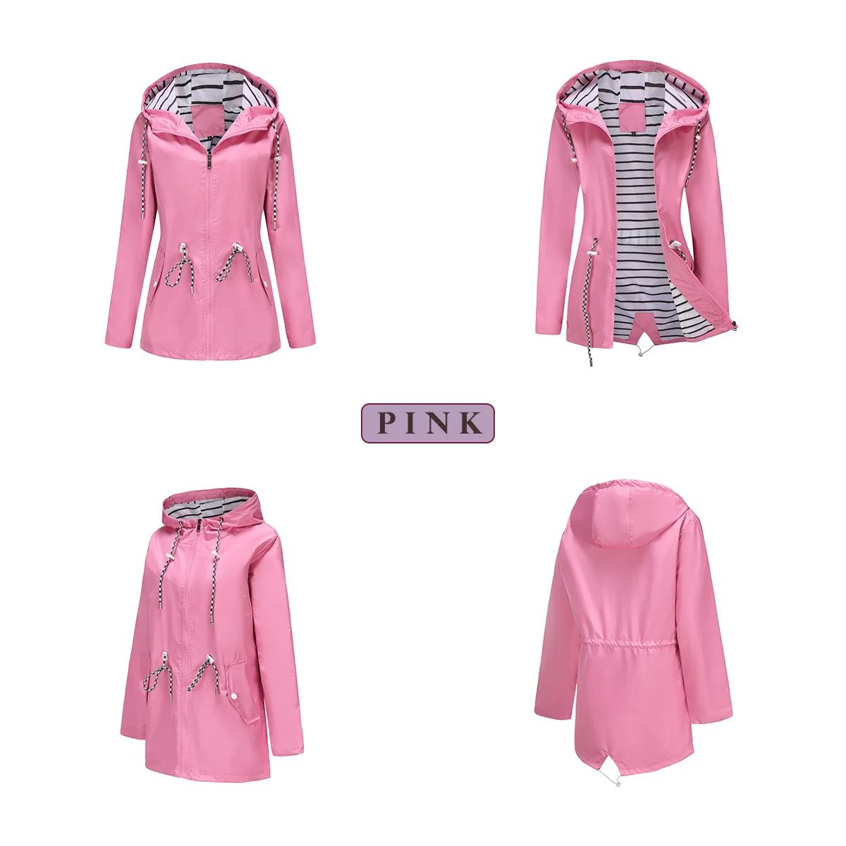 Blue Waterproof Hooded Jacket Women Fashion Casual Coat Waist Drawstring Tie Zipper Switch Red Green Yellow Black Windbreaker