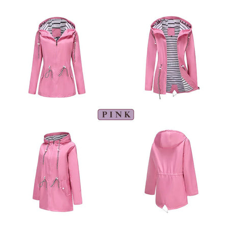 Blue Waterproof Hooded Jacket Women Fashion Casual Coat Waist Drawstring Tie Zipper Switch Red Green Yellow Black Windbreaker