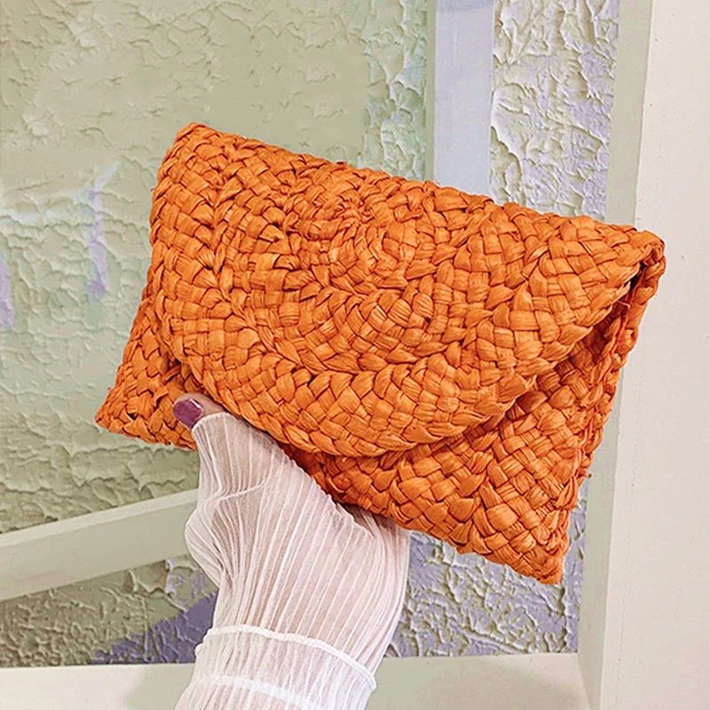 Fashionable Corn Husk Straw Bags Hand-woven Women Clutch Envelope Handbag Long Purse for Female Summer Beach Bag Bolsa 2024