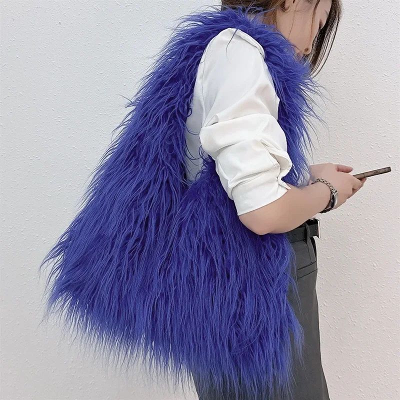 2025 NEW Wool Women's Plush Shoulder Bags Y2k Hot Girls Faux Fur Drawstring Bucket Bag Fashion Female Furry Purse Tote Handbags