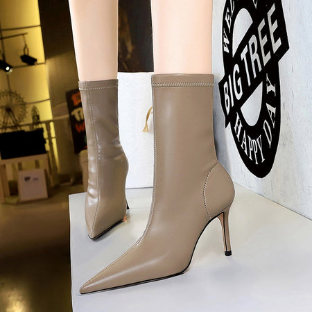 Women 7.5cm 10cm High Heels Leather Boots Lady Low Heels Short Ankle Boots Stripper Winter Warm Snow Plush Pointed Toe Shoes