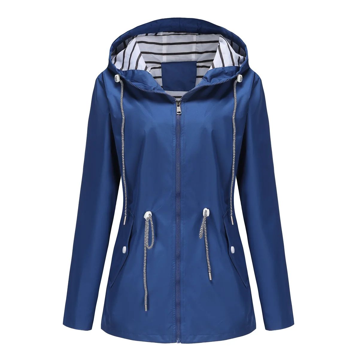 Blue Waterproof Hooded Jacket Women Fashion Casual Coat Waist Drawstring Tie Zipper Switch Red Green Yellow Black Windbreaker