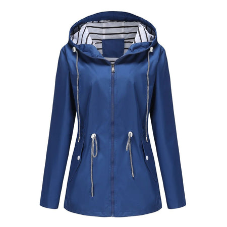 Blue Waterproof Hooded Jacket Women Fashion Casual Coat Waist Drawstring Tie Zipper Switch Red Green Yellow Black Windbreaker