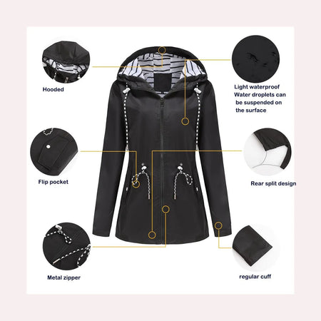 Blue Waterproof Hooded Jacket Women Fashion Casual Coat Waist Drawstring Tie Zipper Switch Red Green Yellow Black Windbreaker