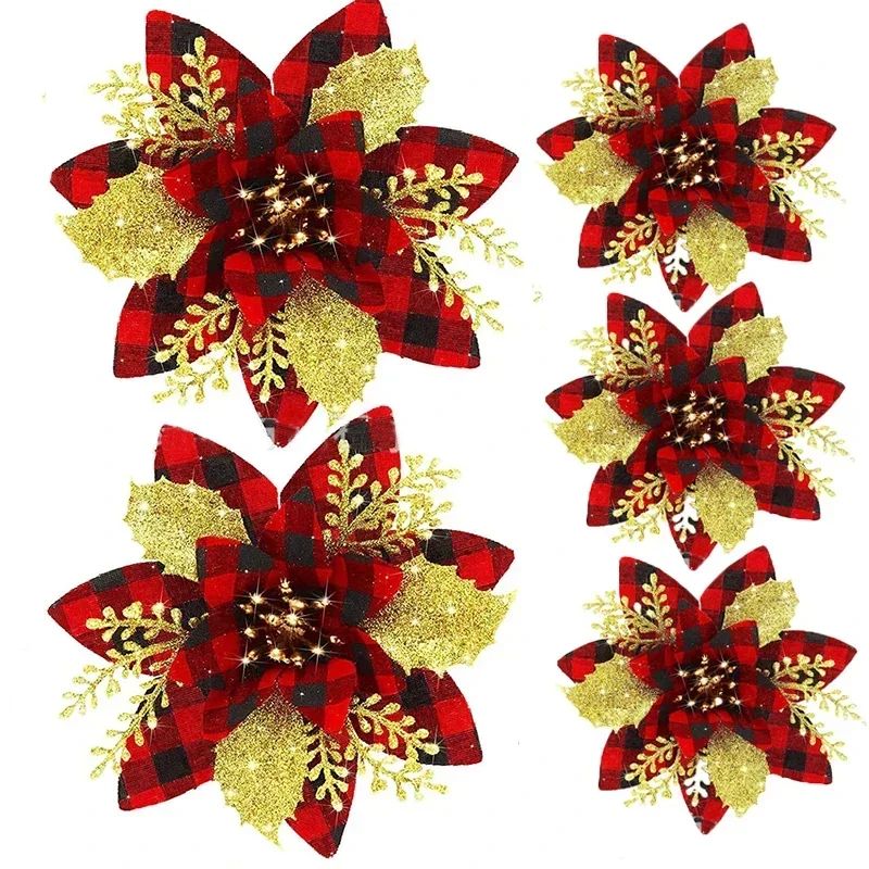5pcs 14.5cm Glitter Artifical Christmas Flowers Mreey Christmas Tree Decoration Happy New Year Ornaments Xmas Fake Flowers natal