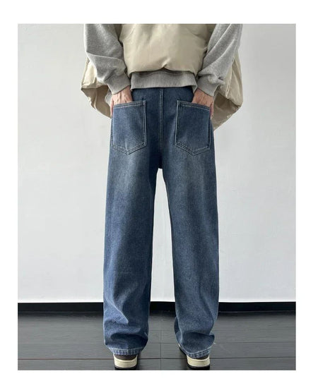 4 Colors Winter Fleece Men's Jeans Baggy Straight Elastic Waist Denim Pants Fashion Korean Thickened Warm Male Thermal Trousers