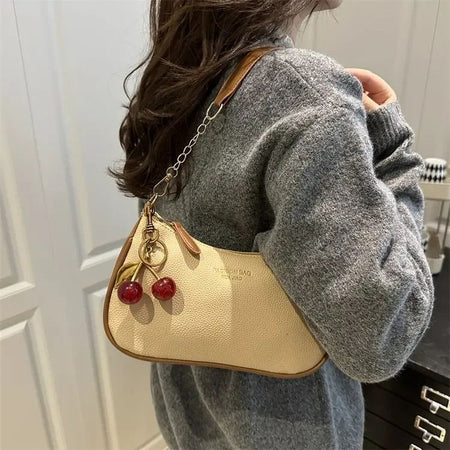 Cherry Pedant Shoulder Underarm Bag Women's Fashion Handbags Causal Hobos Purses Ladies Hand Bags Pu Leather for Work Travel