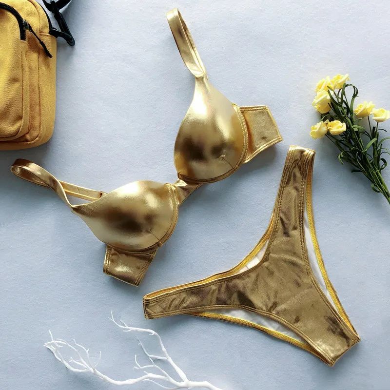 Metallic Summer Push Up Padded Bra Bathing Suit Beach Wear Women Sexy Thong Bikini Set Silver Gold Dropshipping Biquini Swimwear