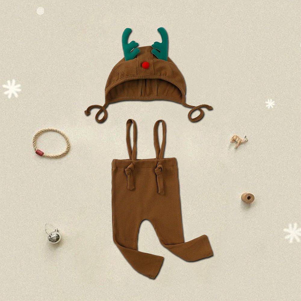 2025 Christmas Baby Suspender Pants with Hat Infant Knit Trousers Outfits Cute Toddler Newborn Casual Leggings Costumes