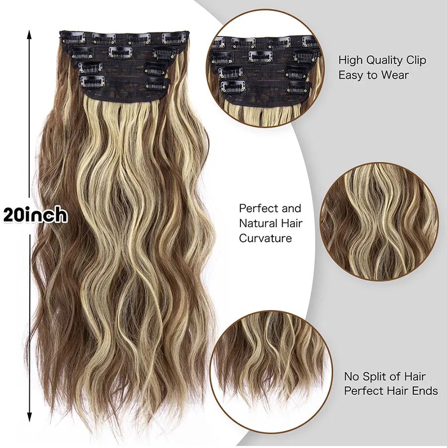 4Pcs/Set 20Inch Synthetic Hair Clip In Long Wavy Thick Hairpieces For Women Full Head Synthetic extenciones para el cabello
