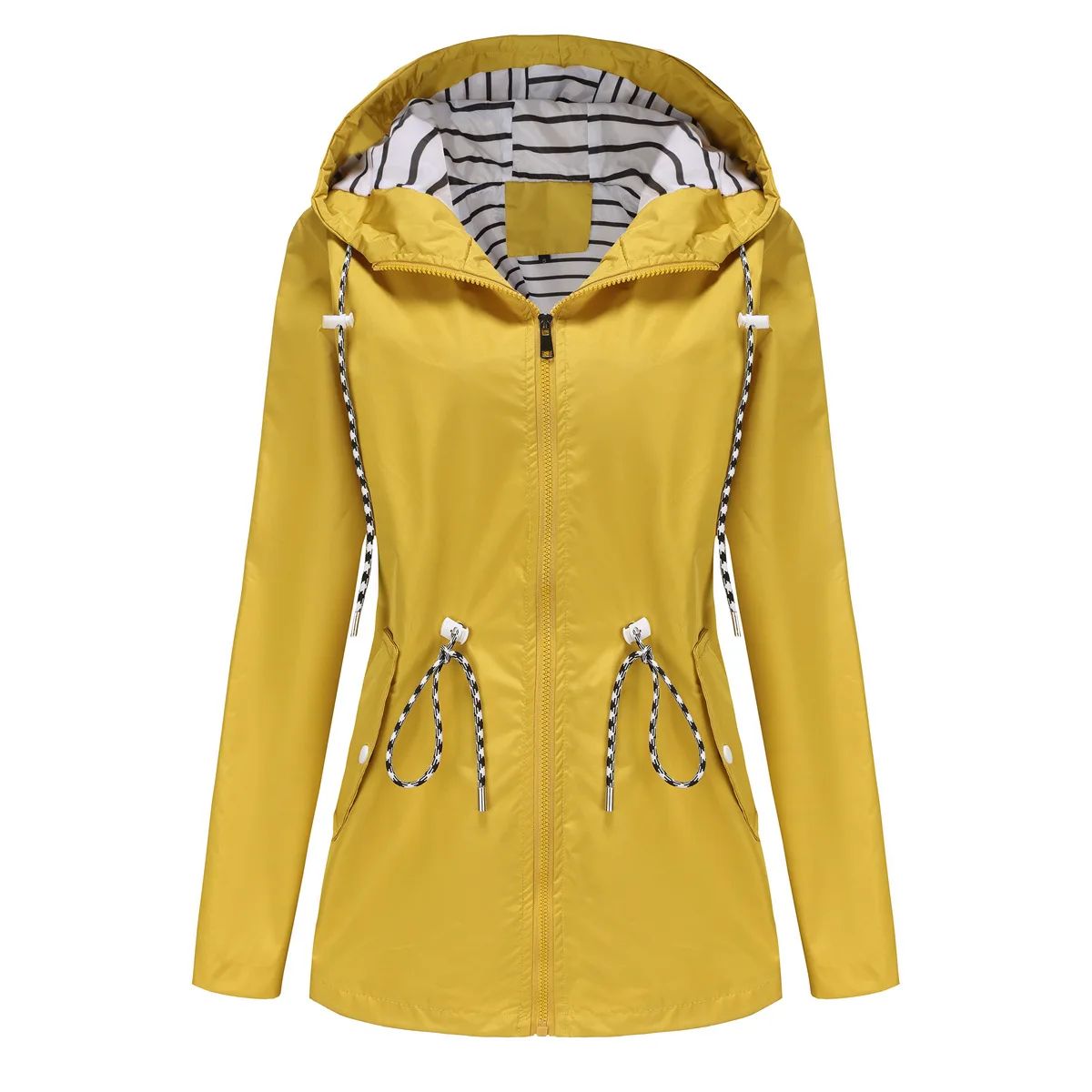 Blue Waterproof Hooded Jacket Women Fashion Casual Coat Waist Drawstring Tie Zipper Switch Red Green Yellow Black Windbreaker