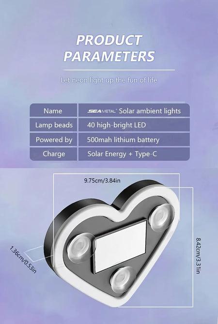 Solar-Powered Led Car Window Neon Lights - Heart-Shaped Rgb-Free Color-Changing Interior Wiring Free Atmosphere Light