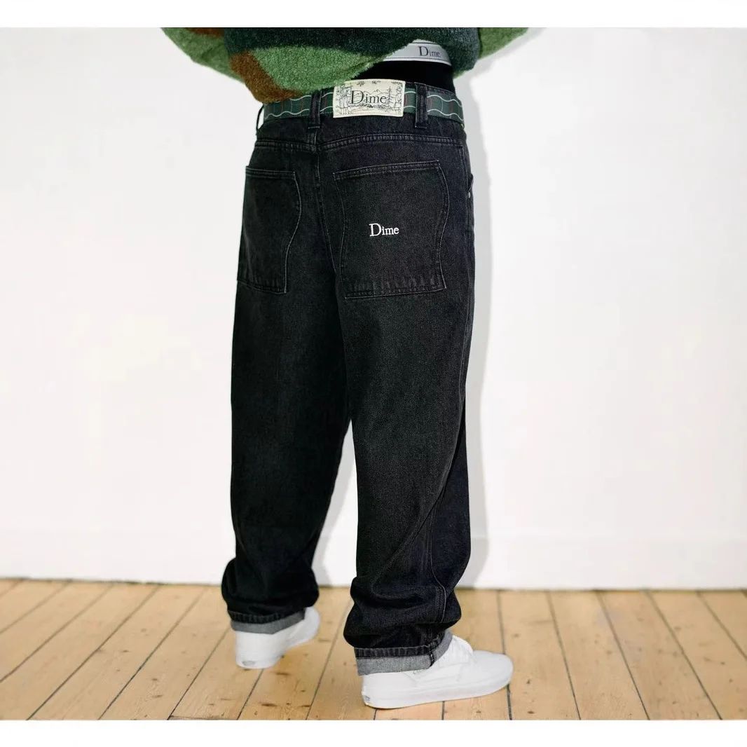 Dime Baggy Straight Leg Loose Casual Streetwear Skateboard Men's Jeans ENIM PANTS Washed Denim Long Short Hip Hop Style