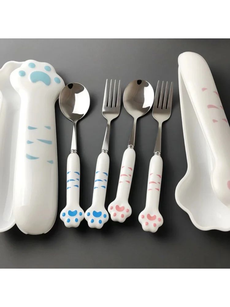 Cute Cat Paw Cutlery Set Stainless Steel Fork Spoon with Storage Box Dinnerware Tableware Silverware Lunch Bento Accessories