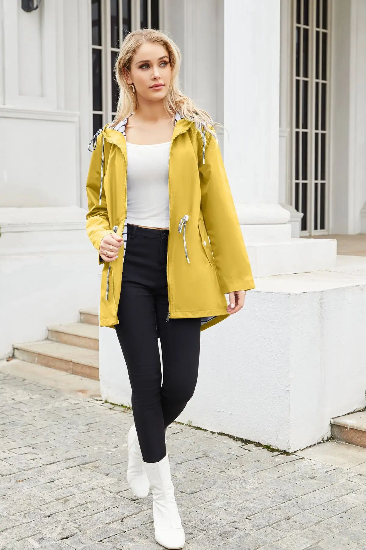 Blue Waterproof Hooded Jacket Women Fashion Casual Coat Waist Drawstring Tie Zipper Switch Red Green Yellow Black Windbreaker