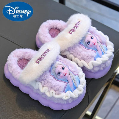Disney Princess Elsa Winter Children's Cotton Home Slippers Frozen Girl's Snow Non Slip Warm Baby Slippers Pink Blue Size 26-35