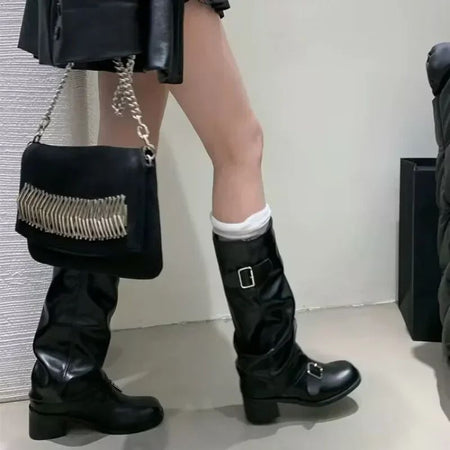 Woman Boots Knee High Platform Chunky Heels Trend Punk Gothic New Rock Leather Fashion Women's Shoes Motorcycle Footwear