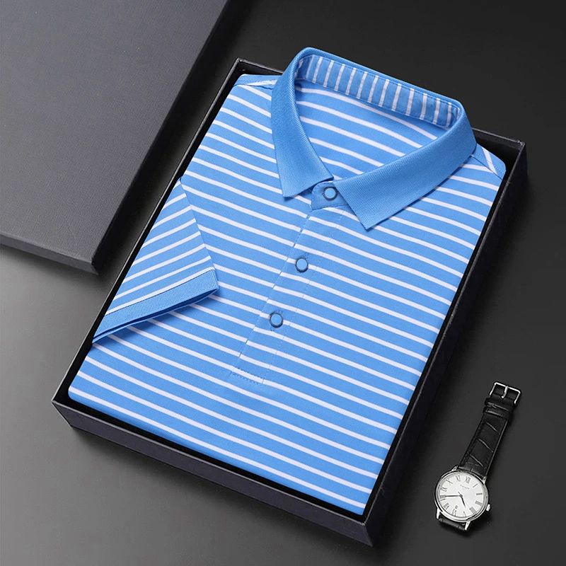 2024 Men's New Striped Cotton Business Casual Short Sleeved POLO Shirt Fashion Short Sleeved Comfortable and Breathable Top